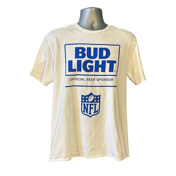 Gildan Bud Light NFL White and Blue Short Sleeve Crew Neck T-Shirt Size L - Picture 1 of 8